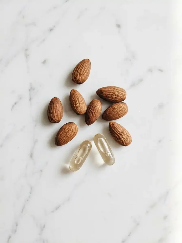 Vitamins and almonds showing what deficiency causes brittle nails