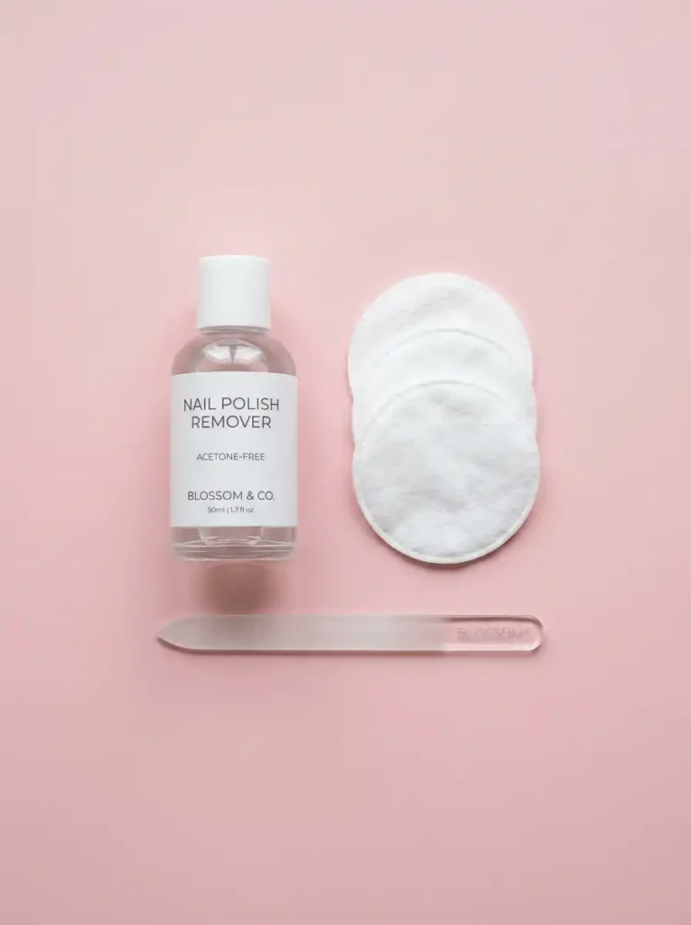Nail polish remover and cotton pads representing brittle fingernails causes