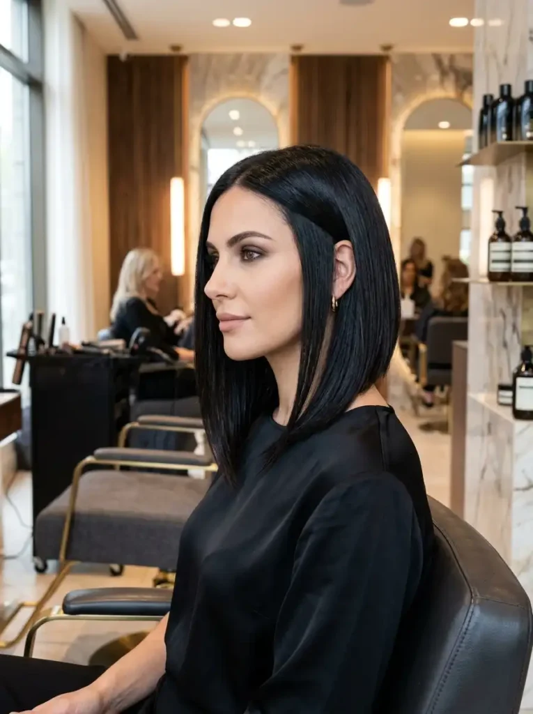 Angled lob haircut with sleek styling