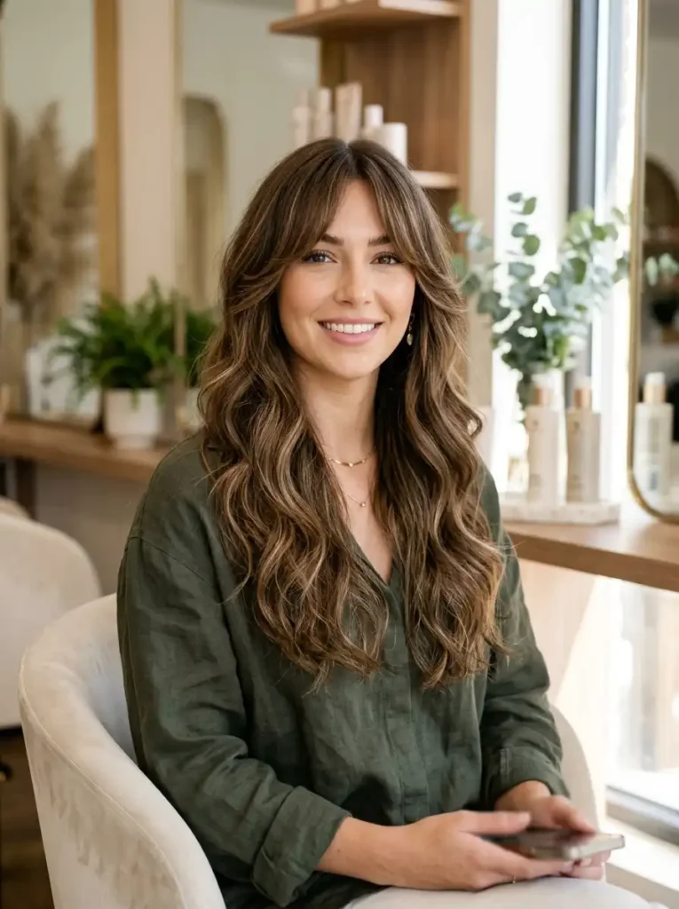 Curtain bangs with long layered hairstyle