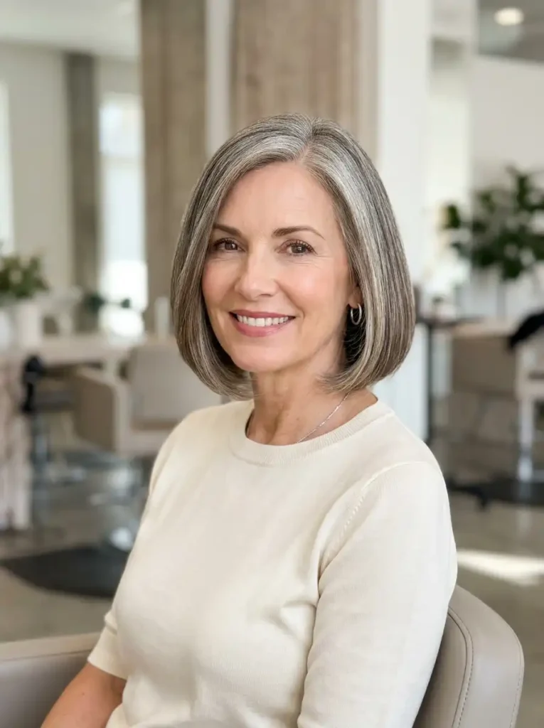 Classic chin length bob haircut for women over 50