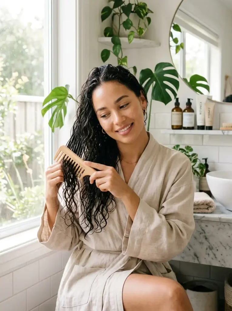 Woman gently combing wet hair to prevent breakage