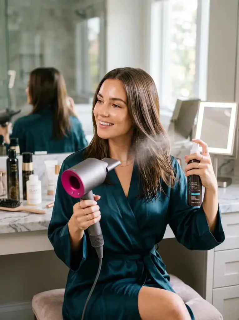 Woman using heat protection during haircare routine