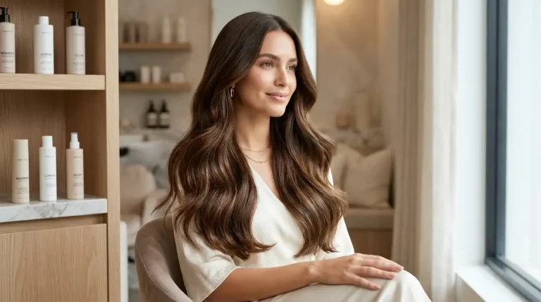 Woman with healthy shiny hair for hair care routine