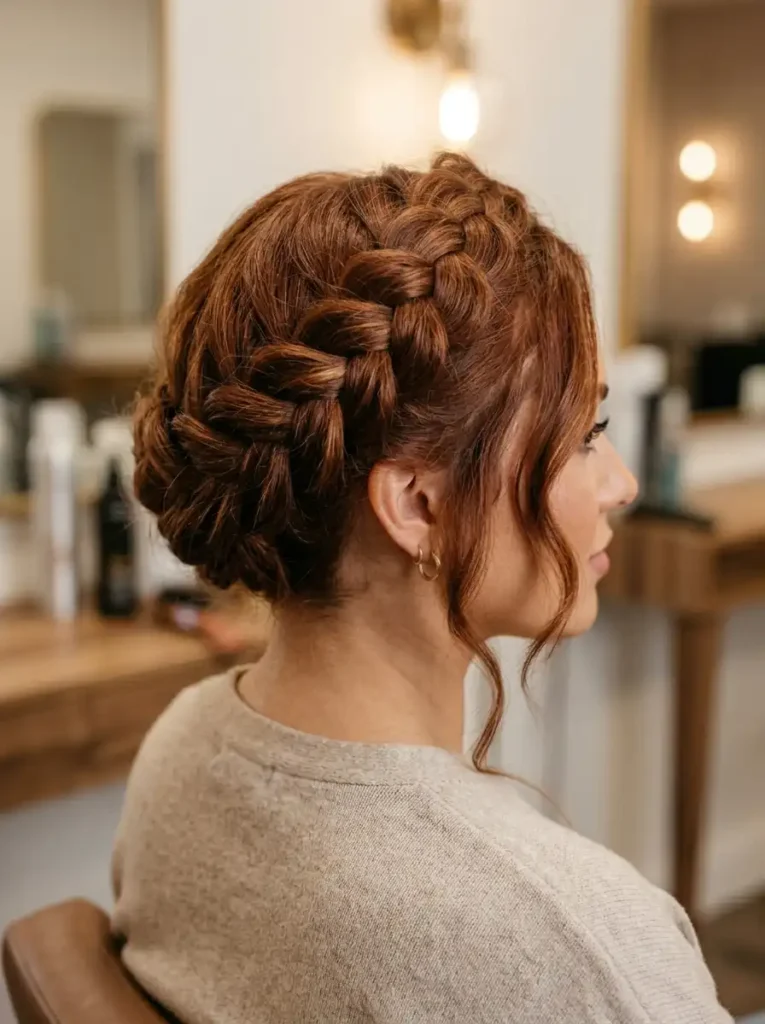 Braided homecoming hairstyles for medium hair featuring a full Dutch braid crown