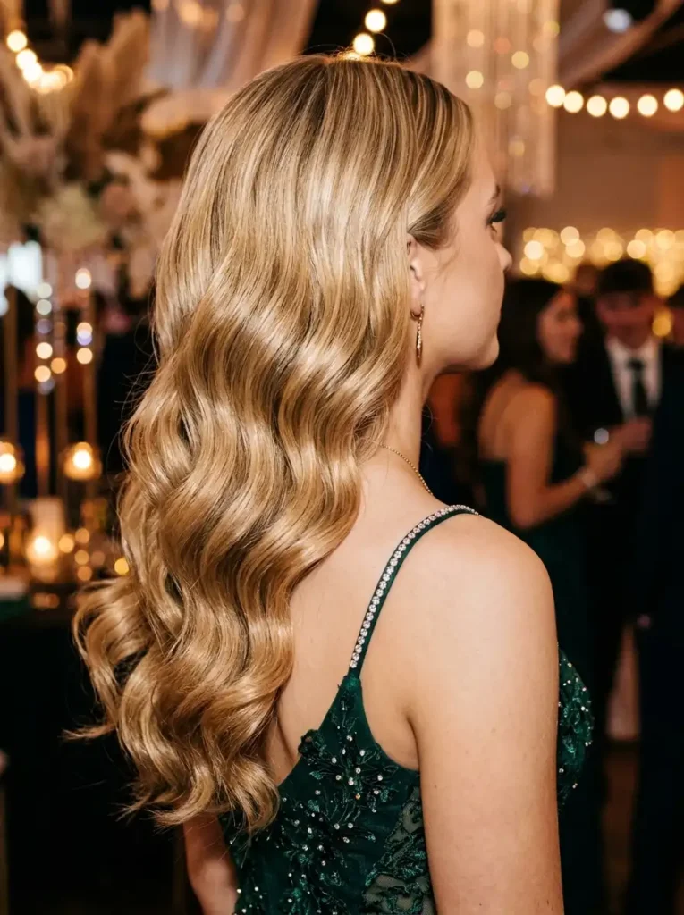 Chic homecoming hairstyles featuring glossy soft glam waves for long hair