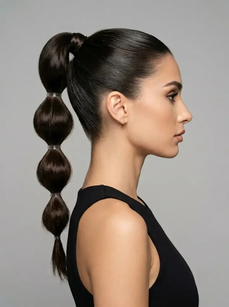 Modern homecoming hair ideas showcasing a sleek and voluminous bubble ponytail
