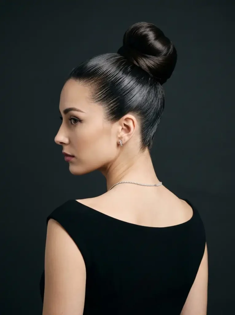 Sleek homecoming hairstyles updo showcasing a high dramatic bun for formal events