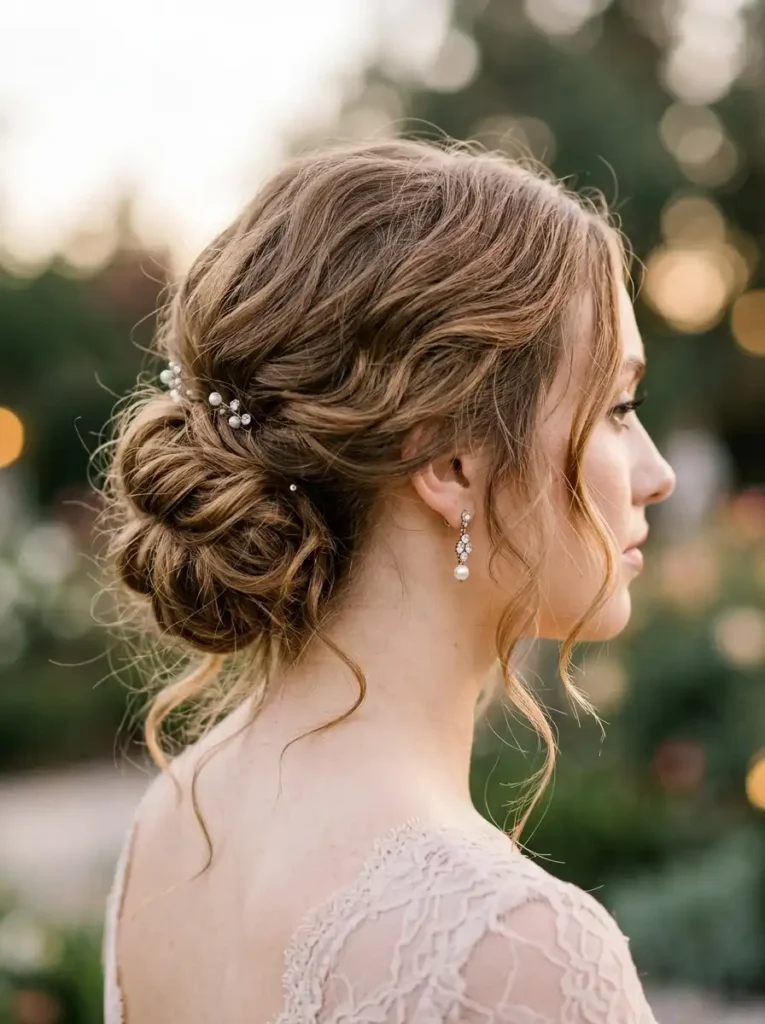 Elegant updos for homecoming featuring a textured modern low bun with loose tendrils