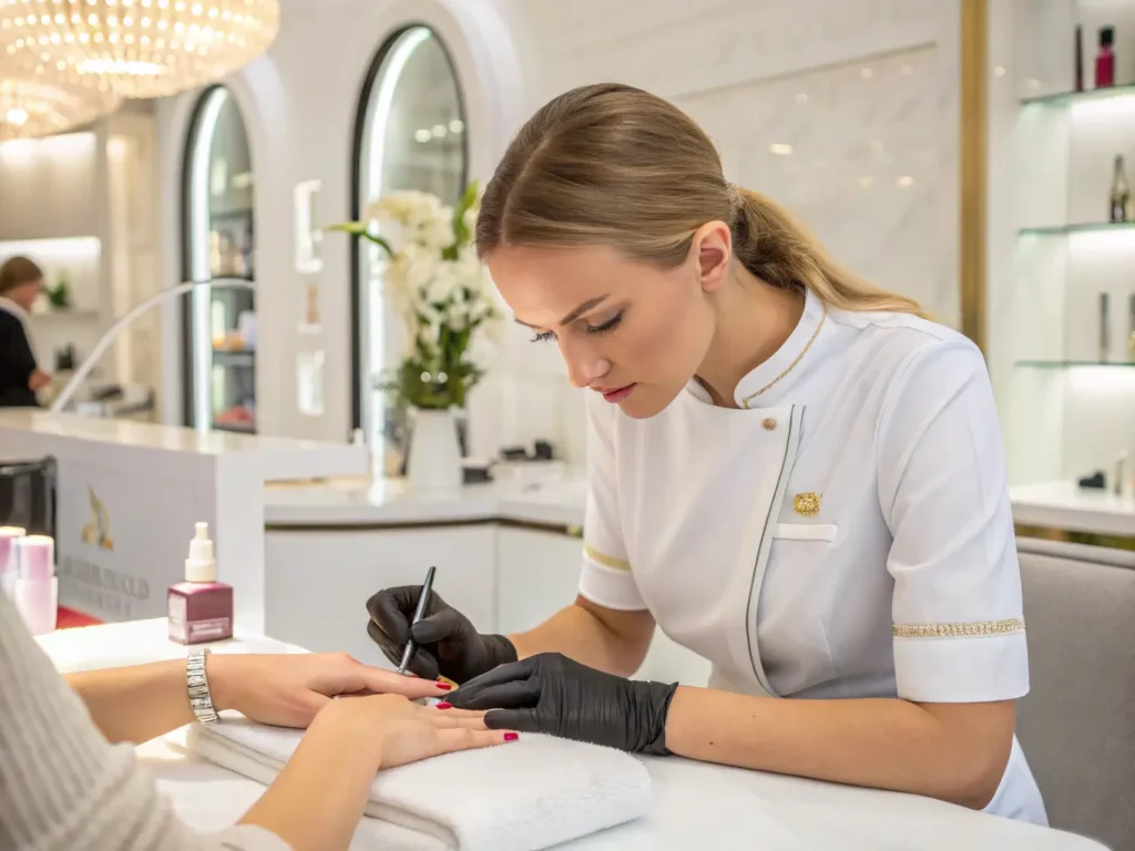 professional nail technician performing russian m