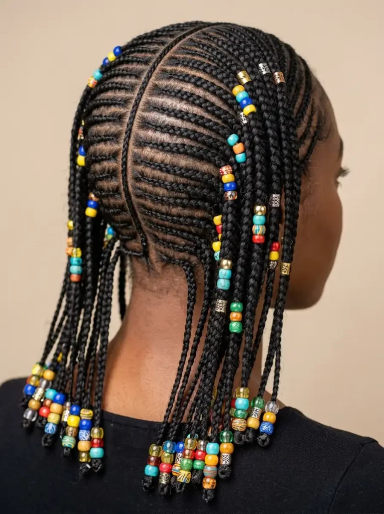 Detail of gold hair cuffs in a professional Fulani braid style