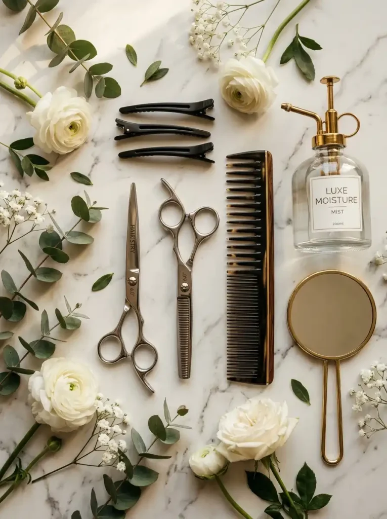 Tools needed to cut curly hair at home — sharp shears wide-tooth comb and sectioning clips hebeautyhere.com
