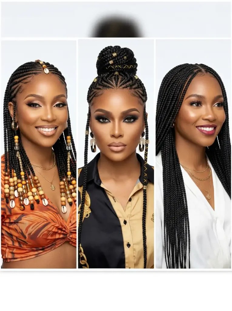 Comparison of glam Fulani, Tribal, and Knotless braided hairstyles