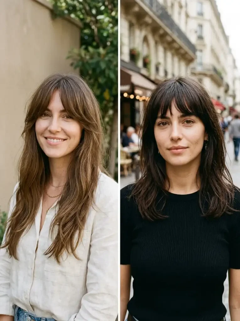 Comparison of curtain bangs and birkin bangs on two different women