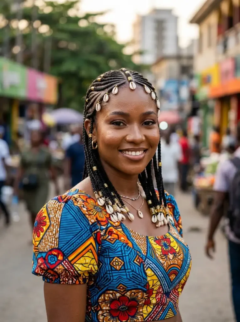 Modern take on traditional Fulani braids with cowrie shells