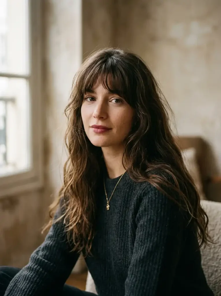 Birkin-style bangs with long hair and soft texture