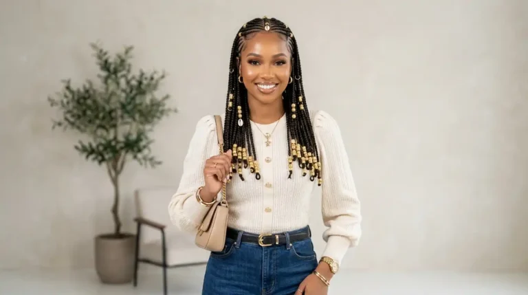 Stunning woman with glam Fulani braids and gold accessories, influencer style