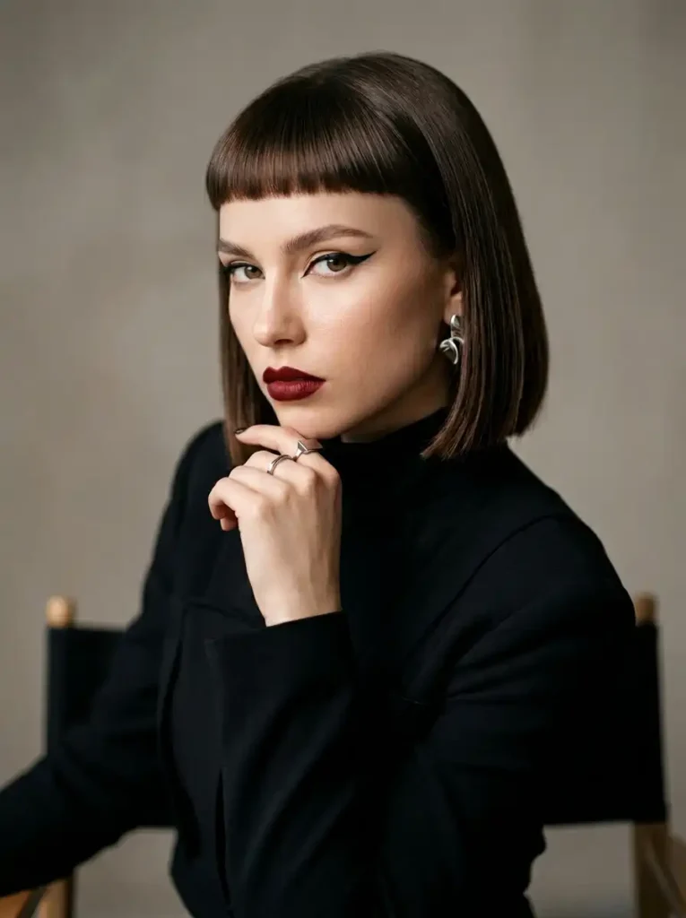 Baby bangs micro fringe hairstyle on a sleek bob