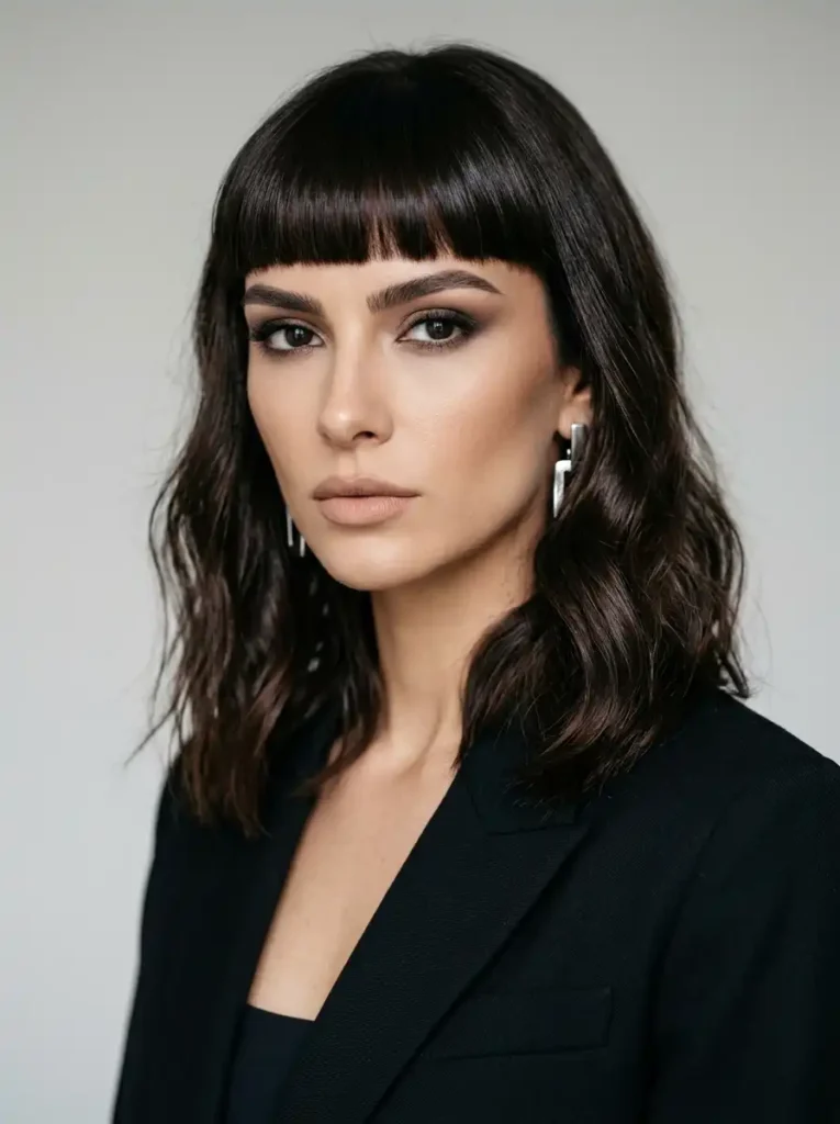 Curly textured fringe hairstyle with natural defined curls