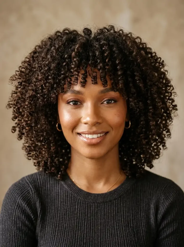 Baby bangs micro fringe hairstyle on a sleek bob