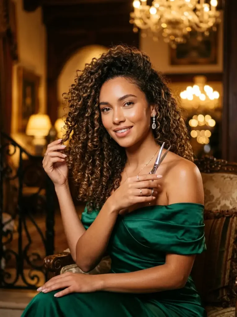 Woman cutting curly hair at home step by step — technique guide at hebeautyhere.com
