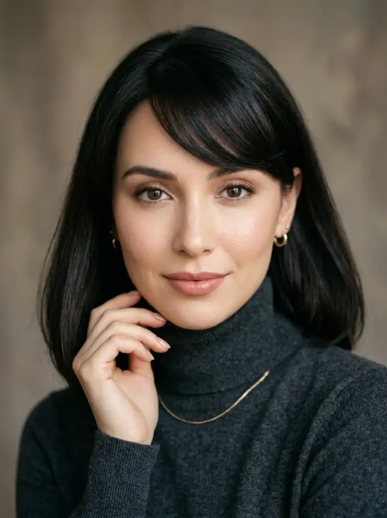 Elegant side-swept fringe hairstyle across the forehead