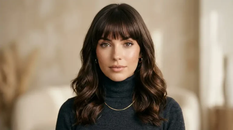 Elegant woman with a chic fringe hairstyle — 2026 bangs trend guide
