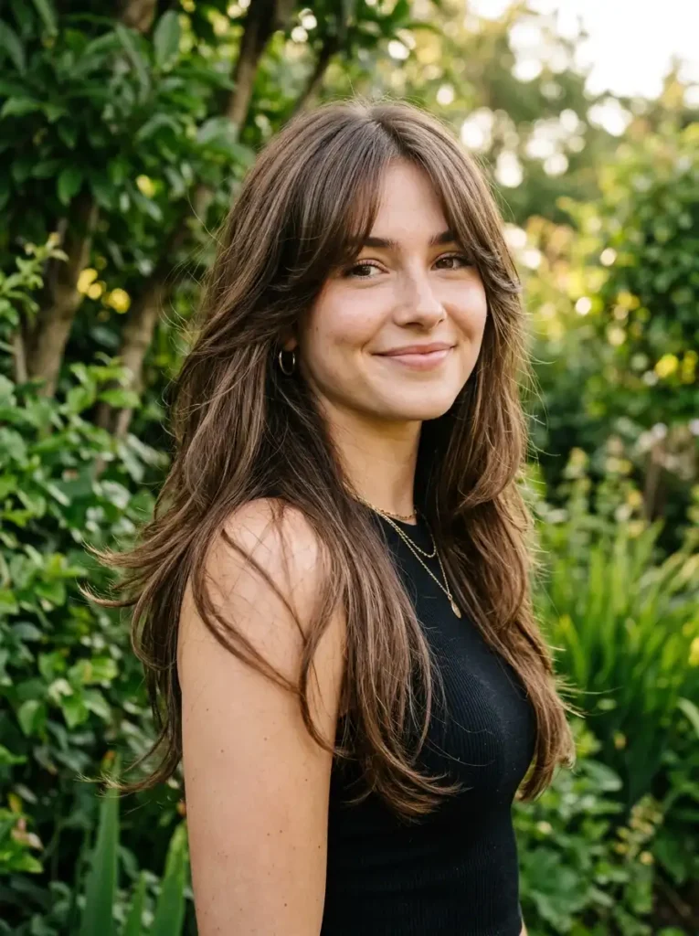 Curtain bangs on long layered brunette hair