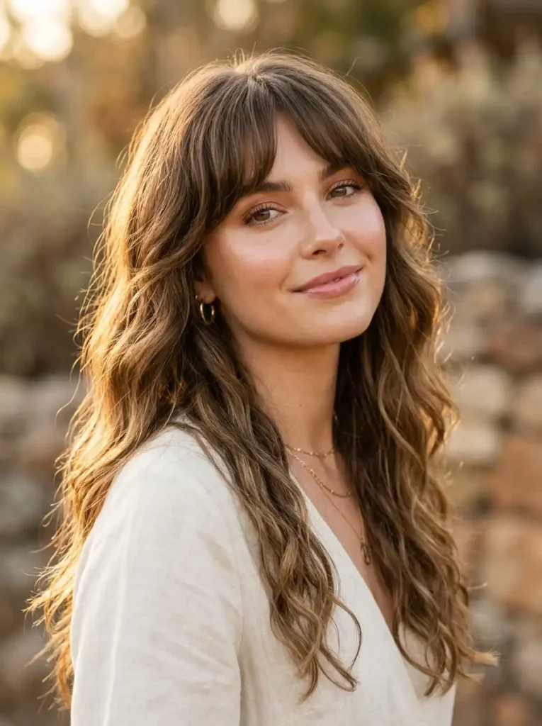 Long wavy fringe hairstyle blending into beachy waves