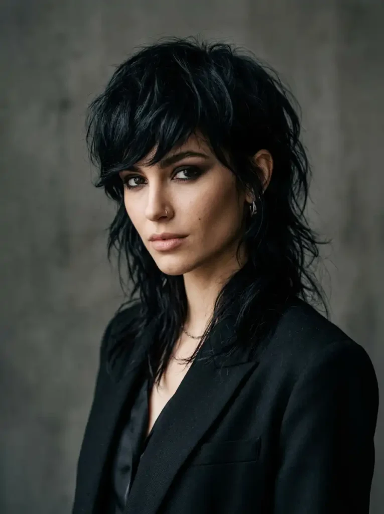 Modern mullet haircut with a choppy voluminous fringe
