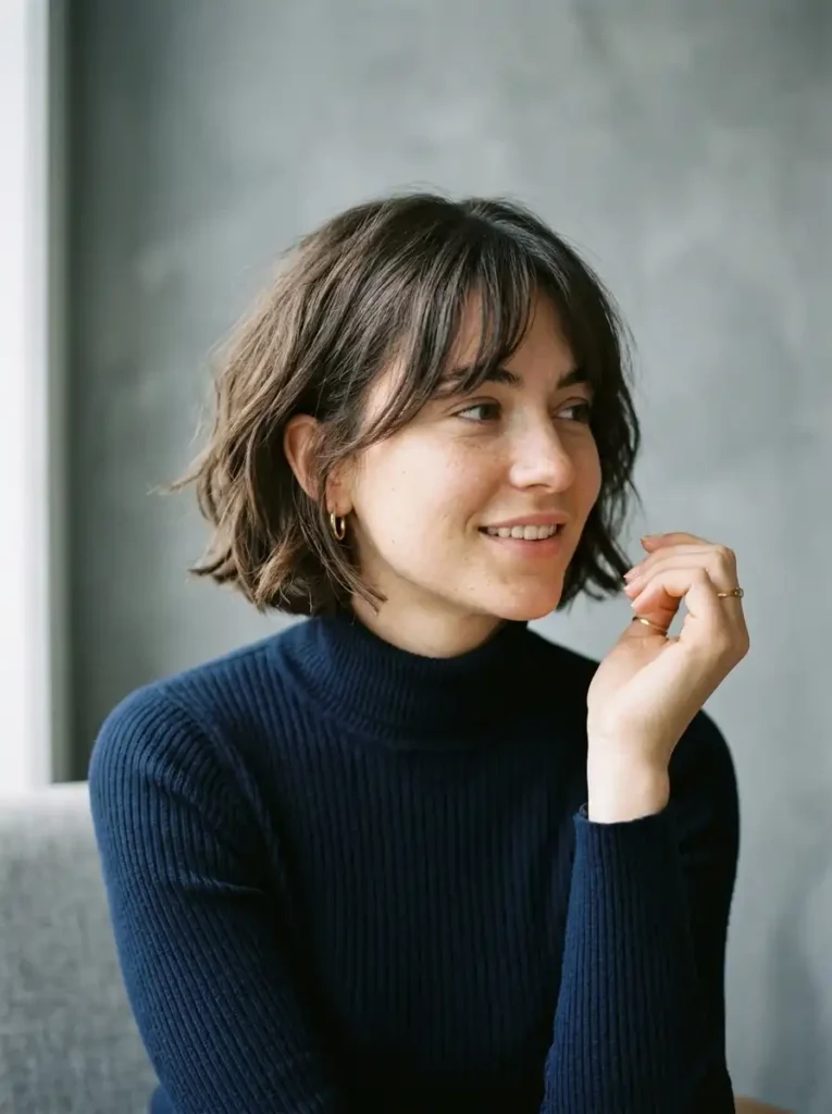 Short bob haircut with curtain bangs in a soft natural pose