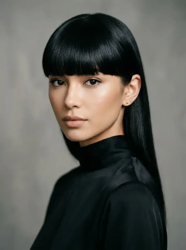 Sleek long straight glossy fringe hairstyle