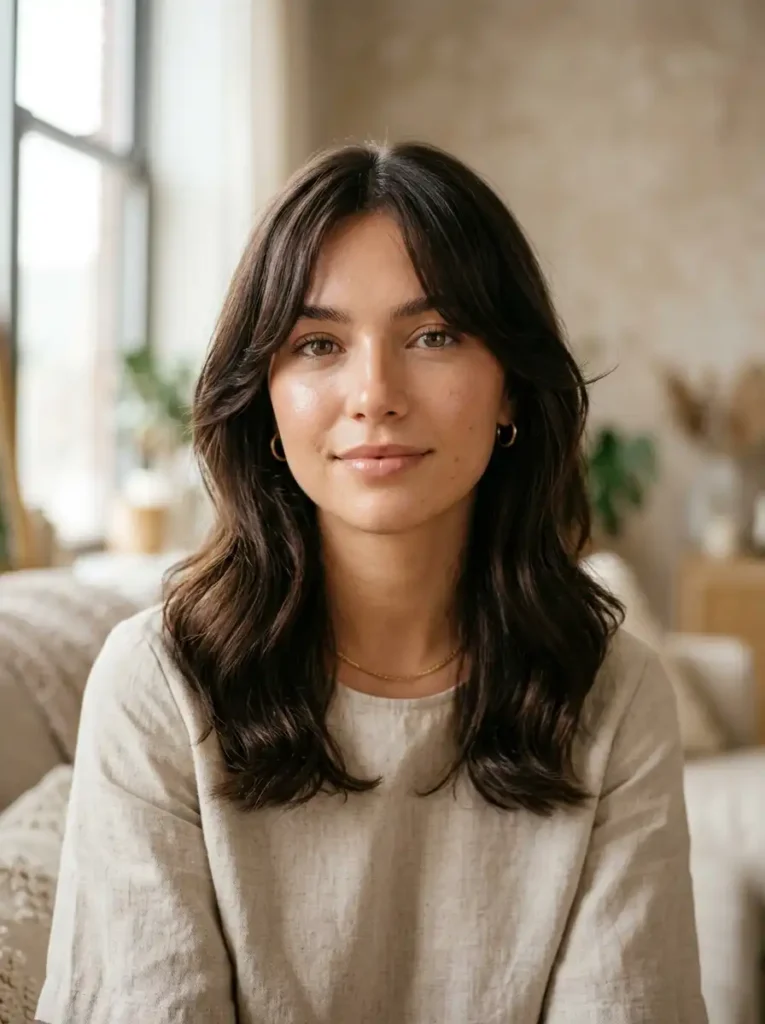 Soft curtain bangs fringe hairstyle parted in the middle