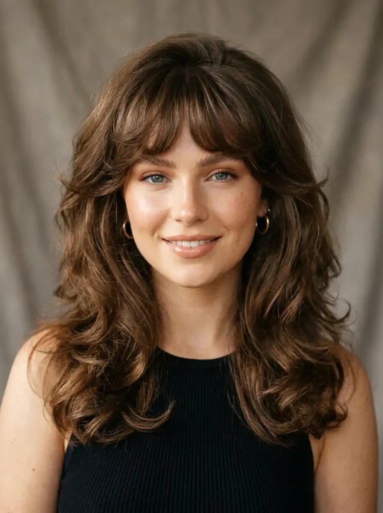 Bouncy 90s-inspired curved fringe hairstyle with volume