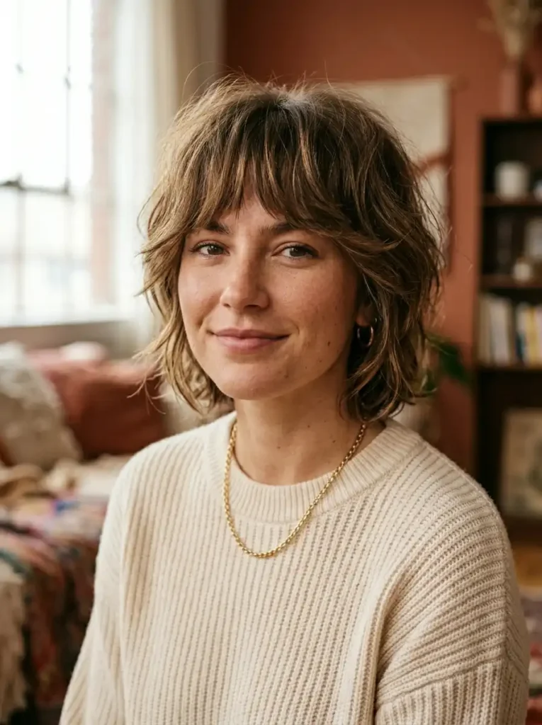 Wolf cut short hair style with layers and curtain bangs — 2026 trend
