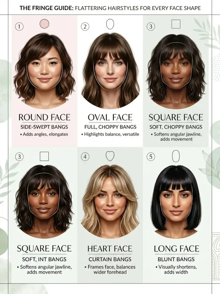 Fringe hairstyles for every face shape — round, oval, square, heart, long