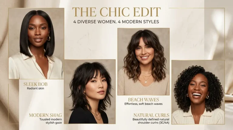 Collage of trending medium length haircuts for 2026: lob, curtain bangs, shag, and curly lob styles