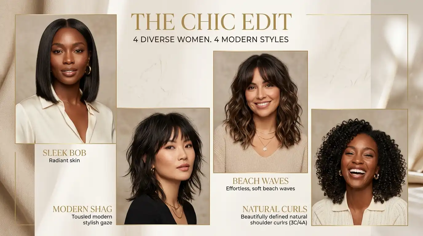 Collage of trending medium length haircuts for 2026: lob, curtain bangs, shag, and curly lob styles