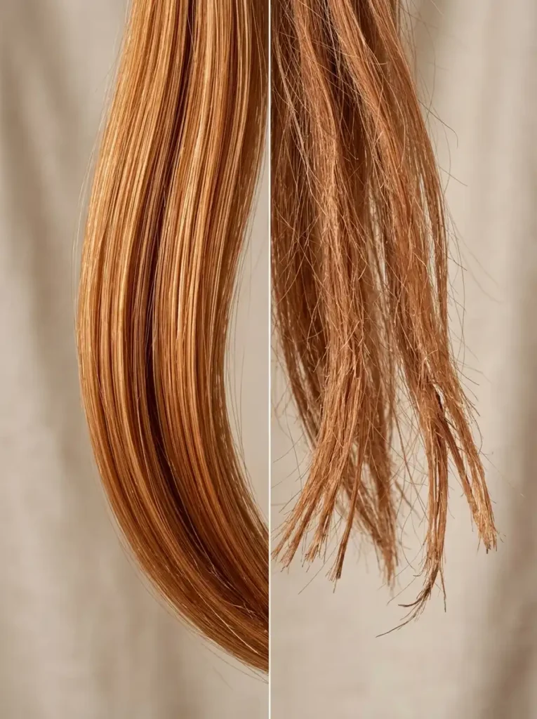 Close-up of colored hair showing healthy strands and damaged split ends, how to prevent damage when coloring hair