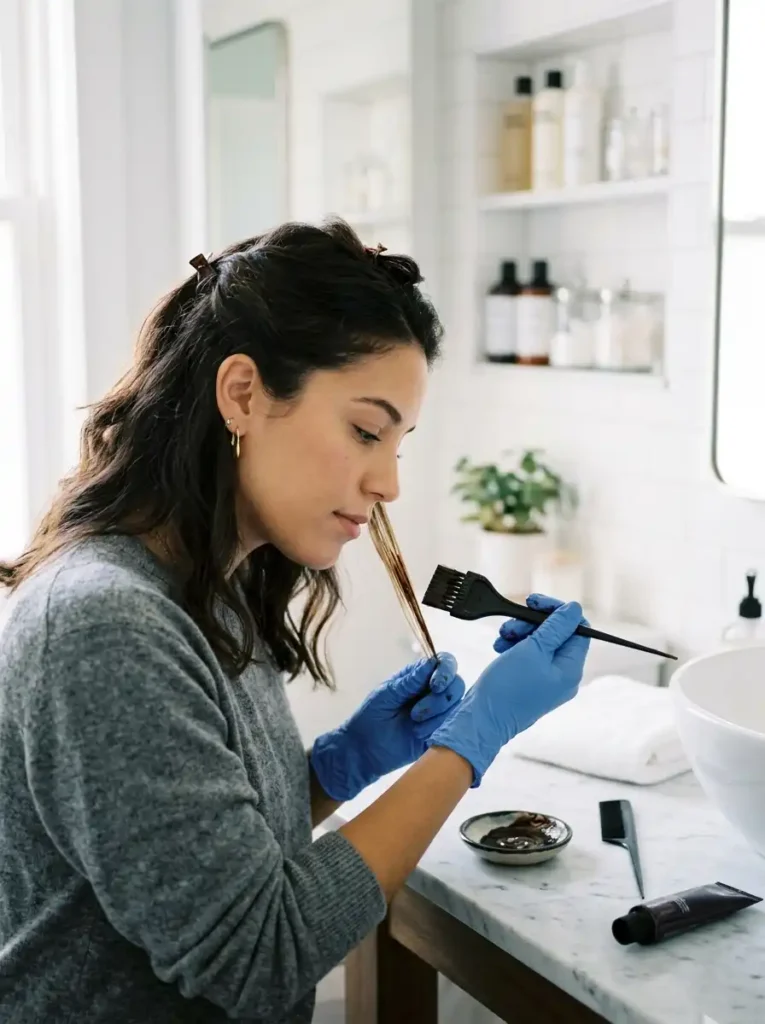 Woman doing a strand test before coloring hair at home