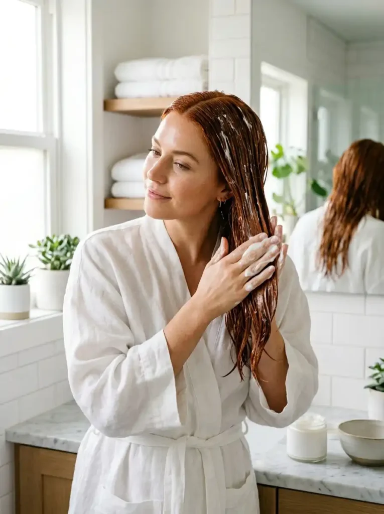 Woman applying deep conditioner after coloring hair