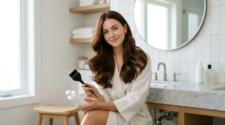 Woman with healthy freshly colored hair preparing hair dye at home