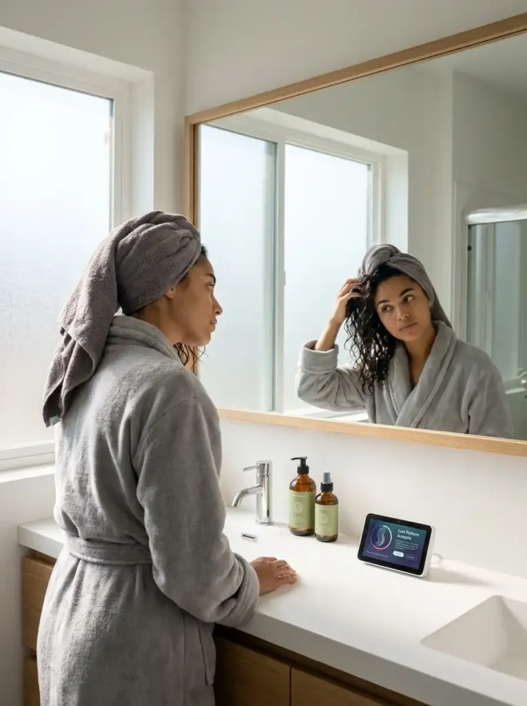 Woman doing wash and go test to identify her hair type for proper hair care for different hair types