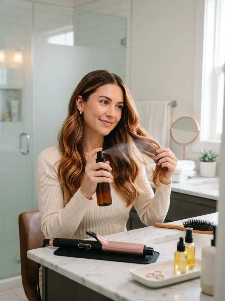 Woman applying heat protectant before styling colored hair