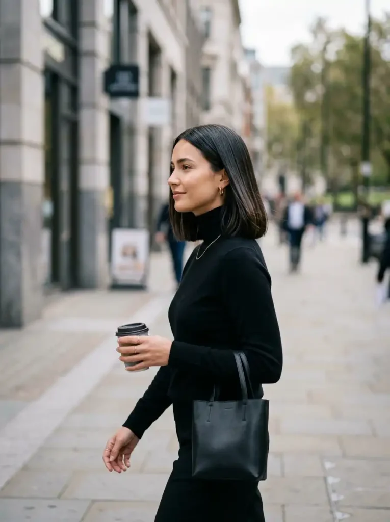 Minimalist blunt shoulder length haircut for women
