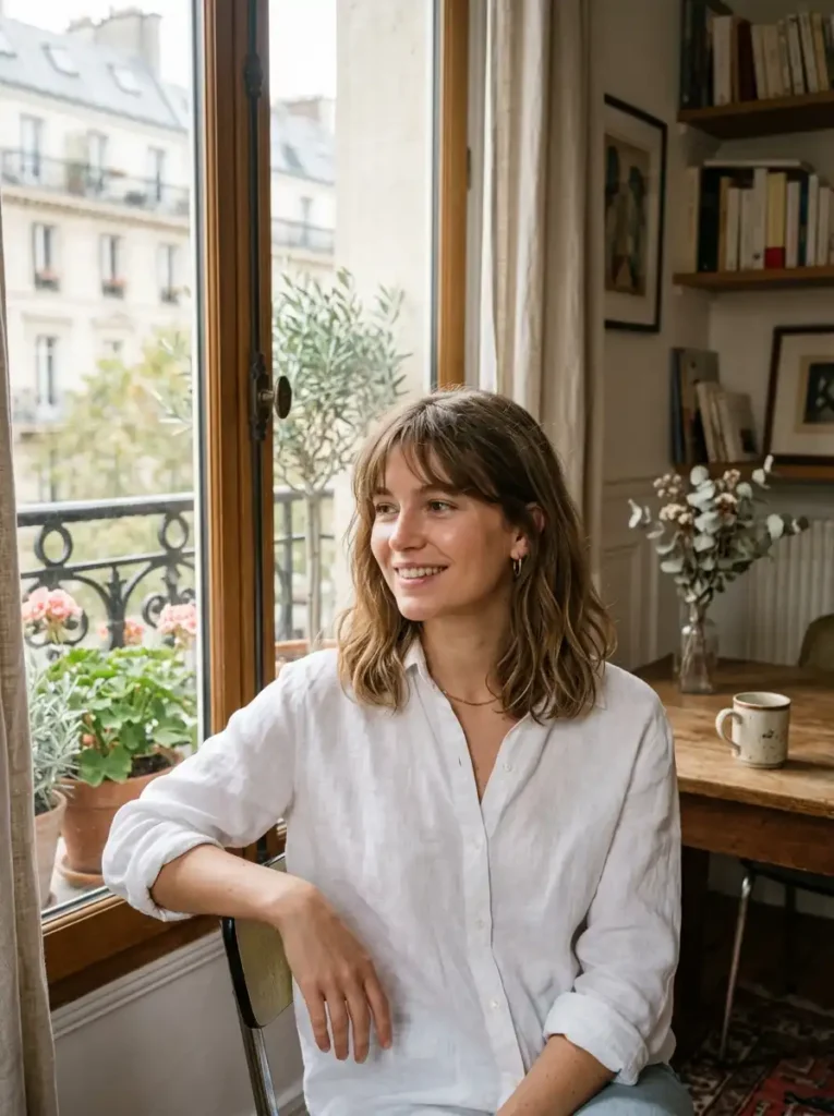 Birkin bangs with wispy fringe and relaxed collarbone lob for an effortless French look