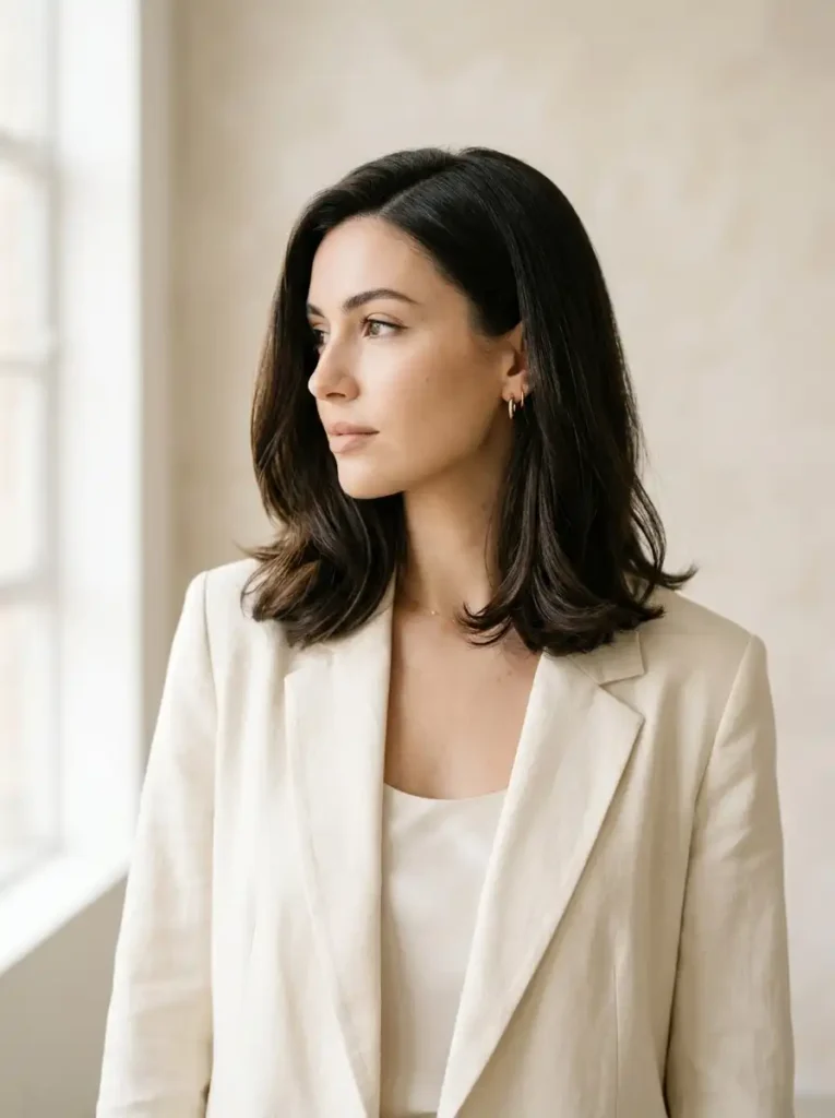Sleek long bob lob haircut grazing the collarbone with soft bends and side part