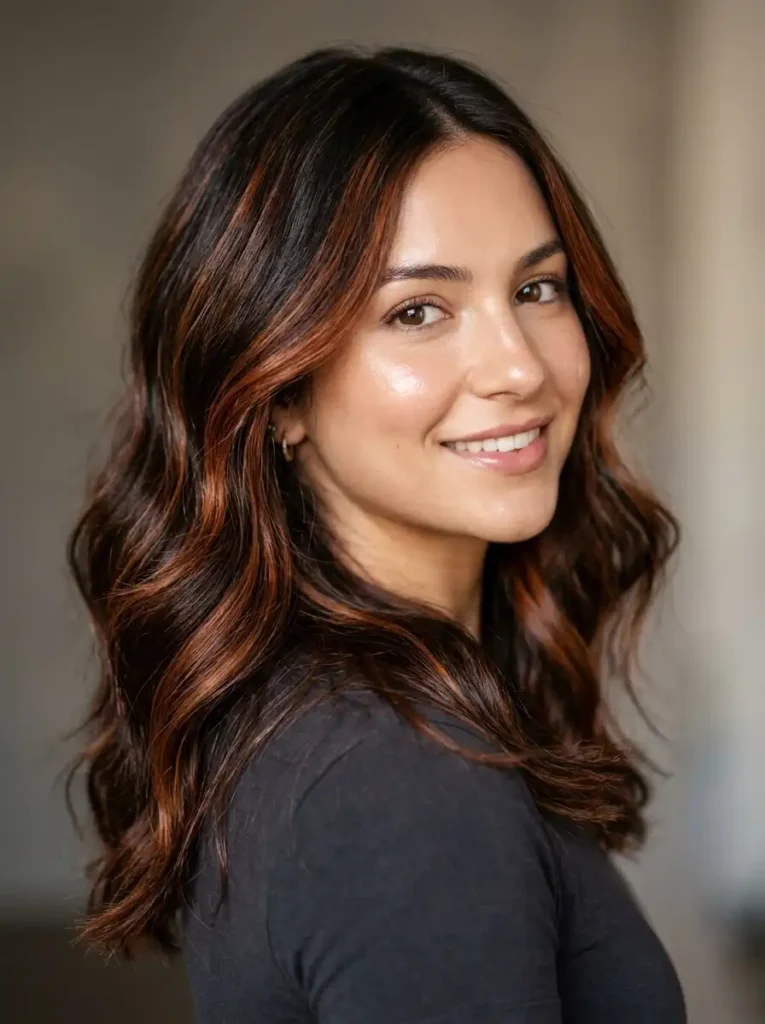 dark chocolate hair with warm auburn highlights