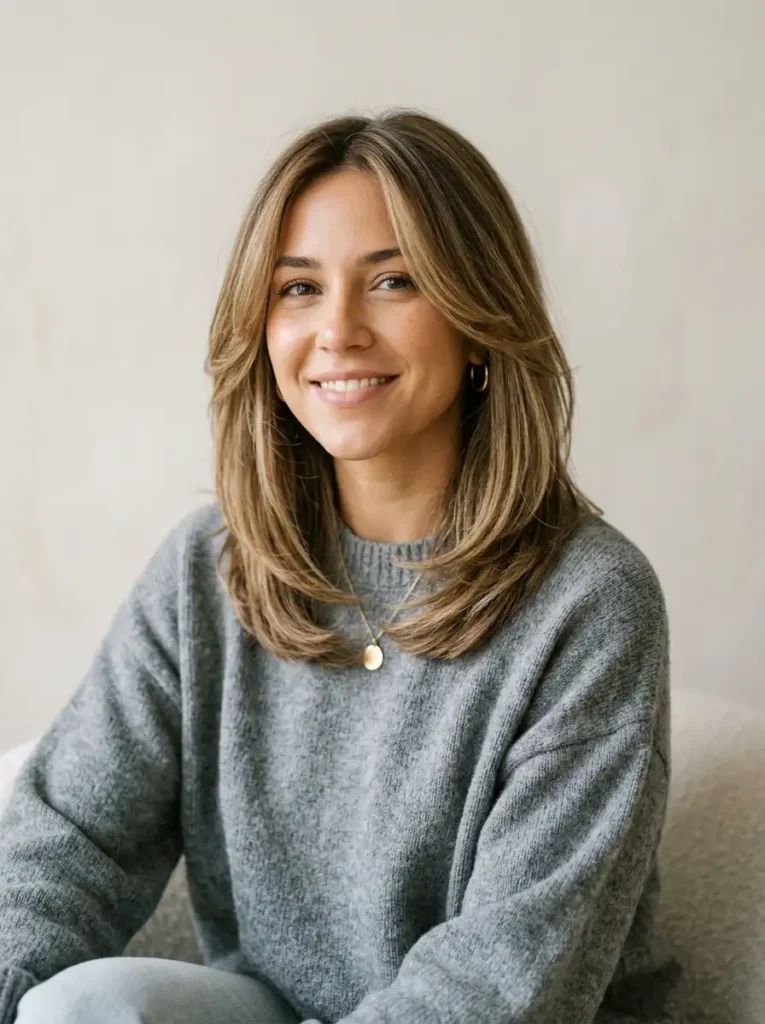 Simple long layered lob shoulder length haircut for round face