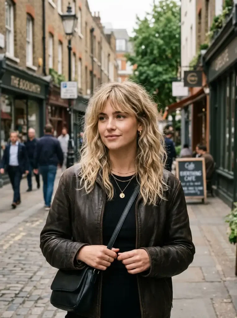 Modern shag haircut with choppy layers, wispy bangs, and lived-in wavy texture for 2026